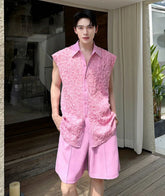HEYFANCYSTYLE Luxury Japanese Men's Textured Beaded Neck Short Set Summer